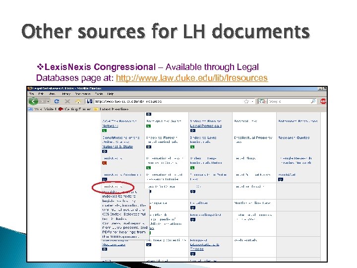 Other sources for LH documents v. Lexis. Nexis Congressional – Available through Legal Databases