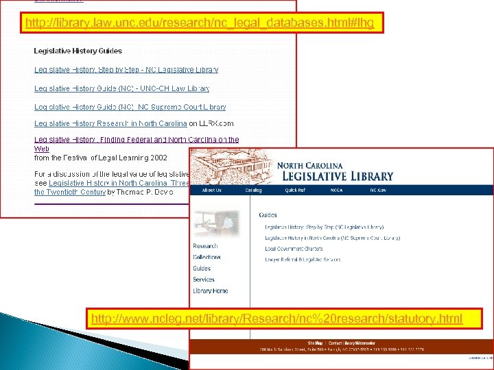 http: //library. law. unc. edu/research/nc_legal_databases. html#lhg http: //www. ncleg. net/library/Research/nc%20 research/statutory. html 