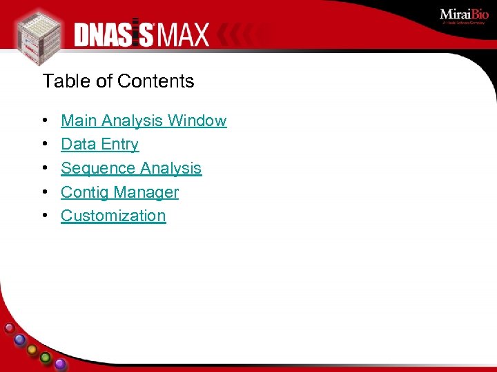 Table of Contents • • • Main Analysis Window Data Entry Sequence Analysis Contig