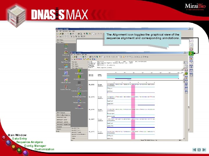 The Alignment icon toggles the graphical view of the sequence alignment and corresponding annotations.