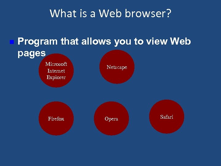 What is a Web browser? n Program that allows you to view Web pages
