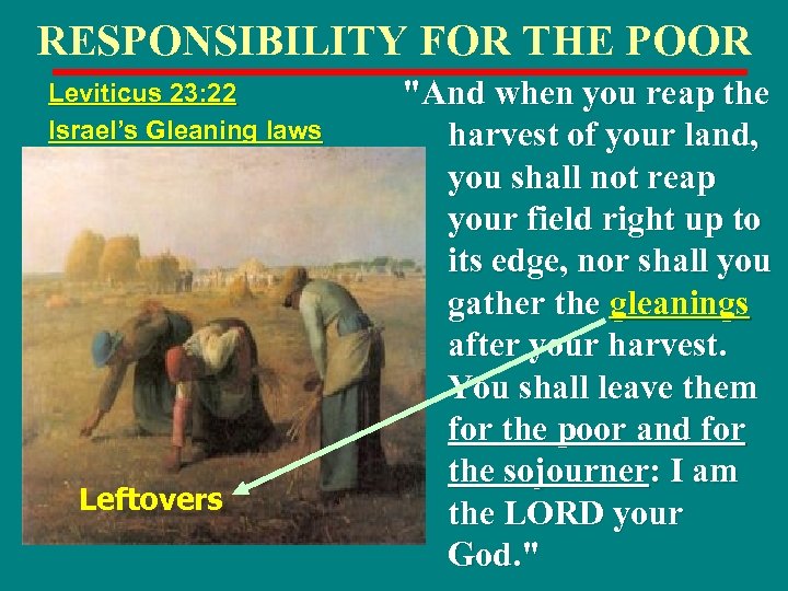 RESPONSIBILITY FOR THE POOR Leviticus 23: 22 Israel’s Gleaning laws Leftovers 