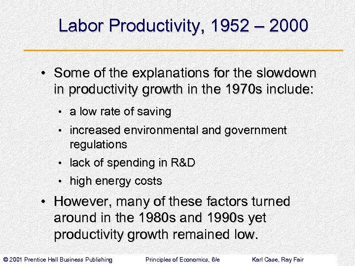 Labor Productivity, 1952 – 2000 • Some of the explanations for the slowdown in