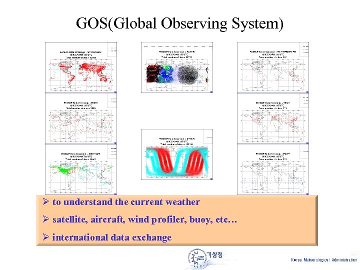 GOS(Global Observing System) Ø to understand the current weather Ø satellite, aircraft, wind profiler,
