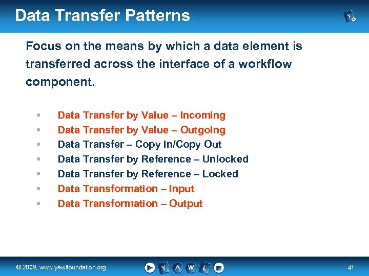 Data Transfer Patterns Focus on the means by which a data element is transferred