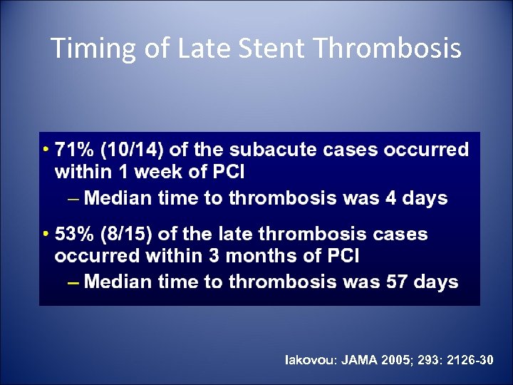 Timing of Late Stent Thrombosis Iakovou: JAMA 2005; 293: 2126 -30 