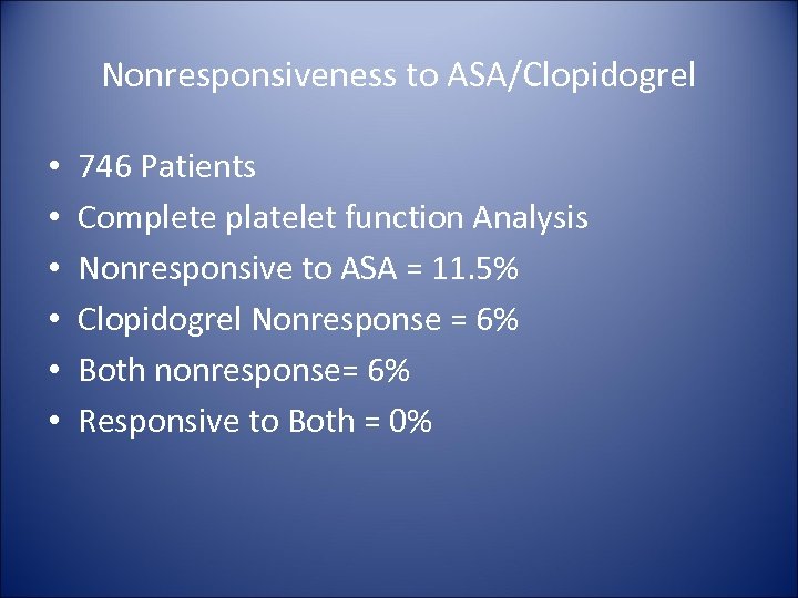 Nonresponsiveness to ASA/Clopidogrel • • • 746 Patients Complete platelet function Analysis Nonresponsive to