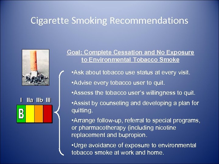 Cigarette Smoking Recommendations Goal: Complete Cessation and No Exposure to Environmental Tobacco Smoke •