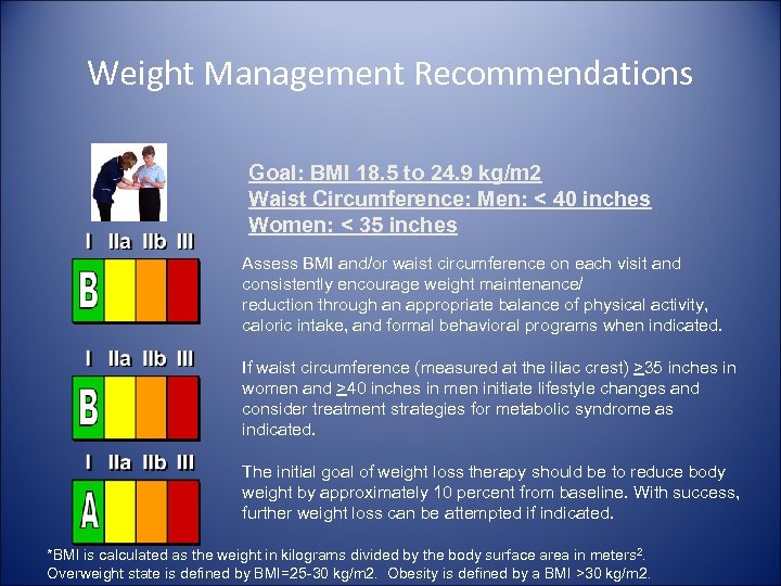 Weight Management Recommendations Goal: BMI 18. 5 to 24. 9 kg/m 2 Waist Circumference: