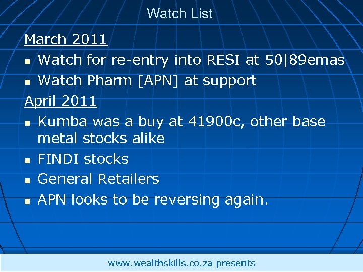 Watch List March 2011 Watch for re-entry into RESI at 50|89 emas Watch Pharm