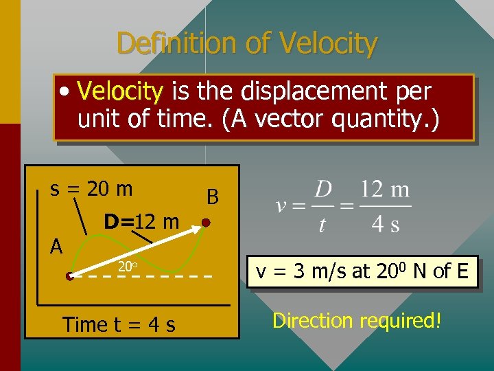 Definition of Velocity • Velocity is the displacement per unit of time. (A vector