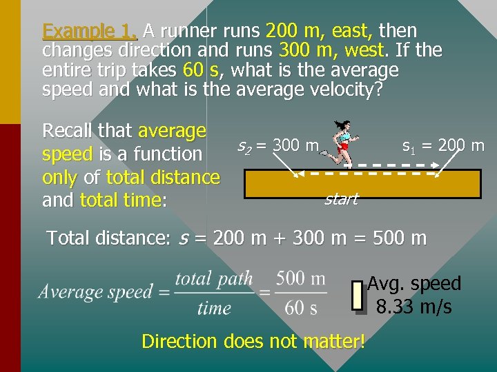 Example 1. A runner runs 200 m, east, then changes direction and runs 300