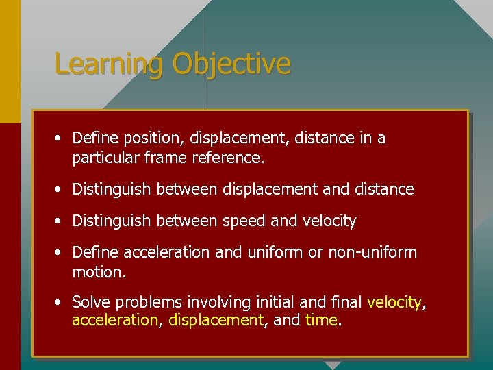 Learning Objective • Define position, displacement, distance in a particular frame reference. • Distinguish