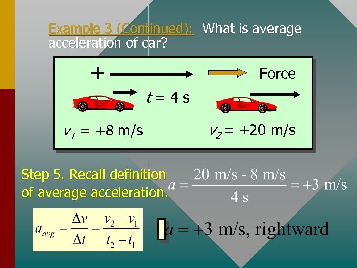 Example 3 (Continued): What is average acceleration of car? + Force t=4 s v