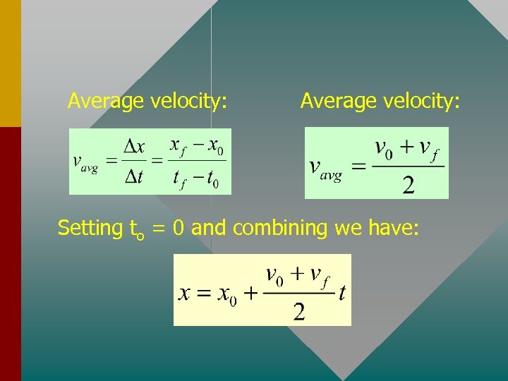 Average velocity: Setting to = 0 and combining we have: 