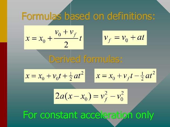 Formulas based on definitions: Derived formulas: formulas For constant acceleration only 