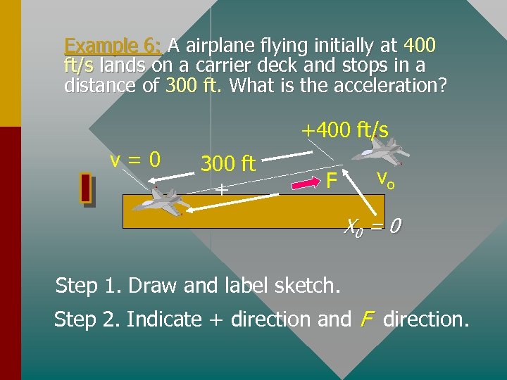 Example 6: A airplane flying initially at 400 ft/s lands on a carrier deck