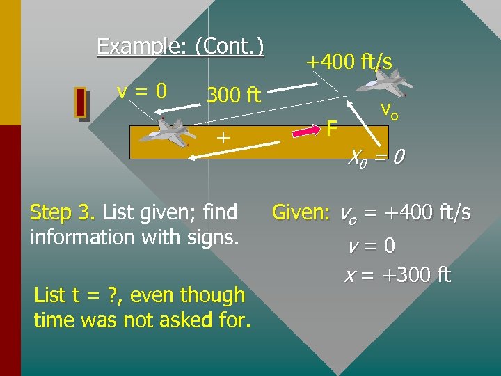 Example: (Cont. ) v=0 +400 ft/s 300 ft + Step 3. List given; find