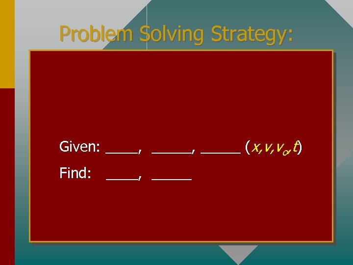 Problem Solving Strategy: Given: ____, _____ (x, v, vo, t) Find: ____, _____ 