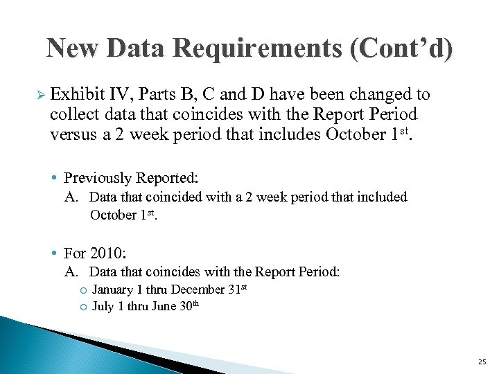 New Data Requirements (Cont’d) Ø Exhibit IV, Parts B, C and D have been