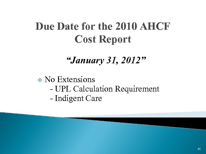 Due Date for the 2010 AHCF Cost Report “January 31, 2012” v No Extensions