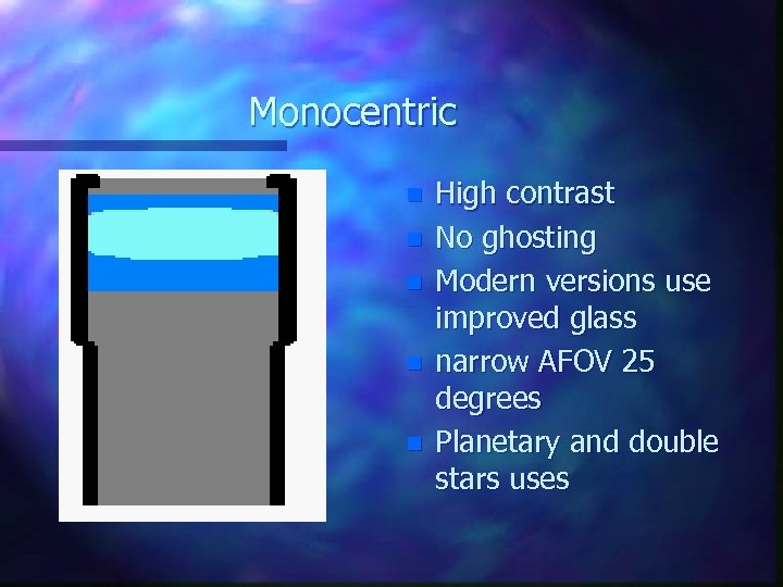 Monocentric n n n High contrast No ghosting Modern versions use improved glass narrow