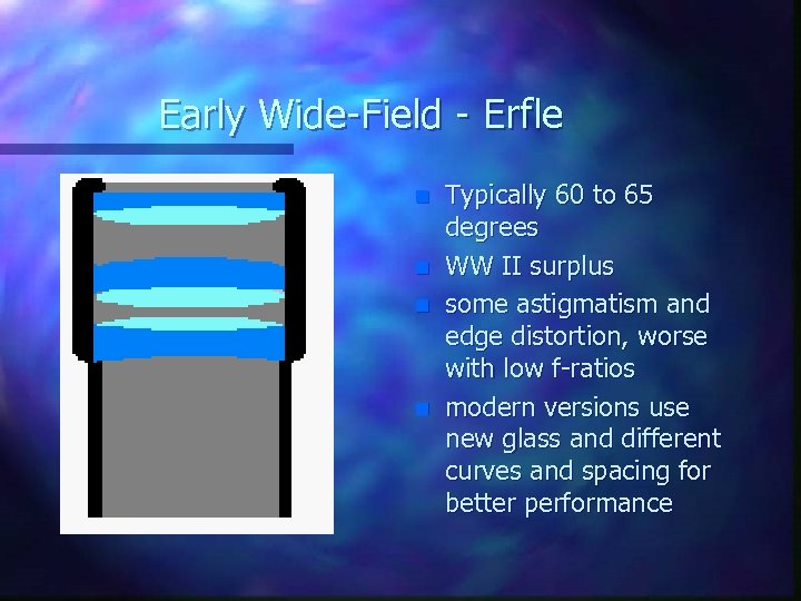 Early Wide-Field - Erfle n n Typically 60 to 65 degrees WW II surplus