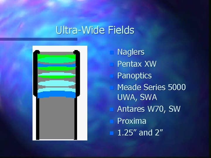 Ultra-Wide Fields n n n n Naglers Pentax XW Panoptics Meade Series 5000 UWA,