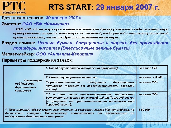 RTS START: 29 января 2007 г. Дата начала торгов: 30 января 2007 г. Эмитент: