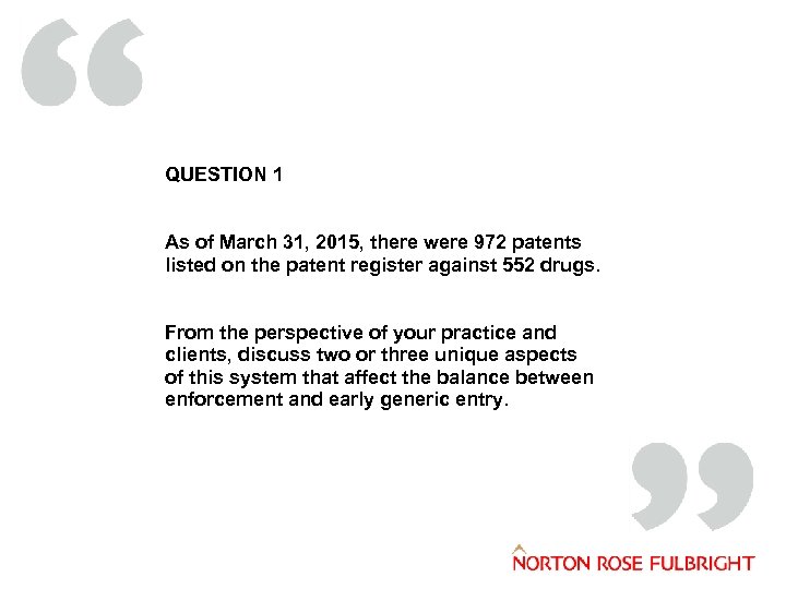 QUESTION 1 As of March 31, 2015, there were 972 patents listed on the