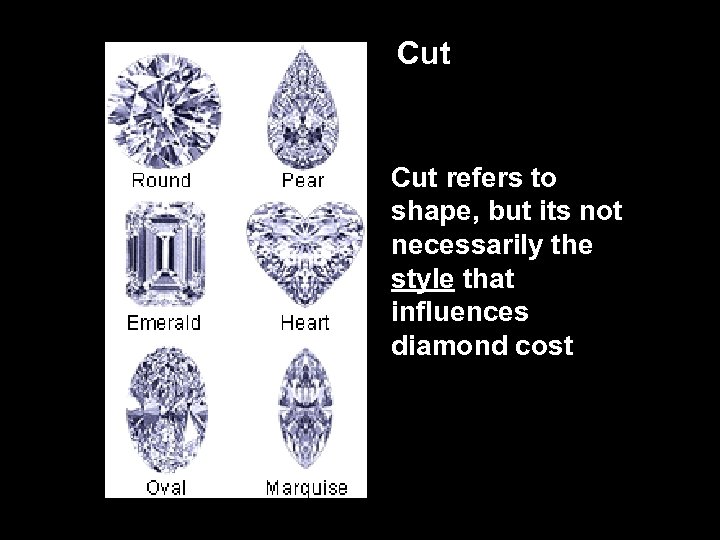 Cut refers to shape, but its not necessarily the style that influences diamond cost