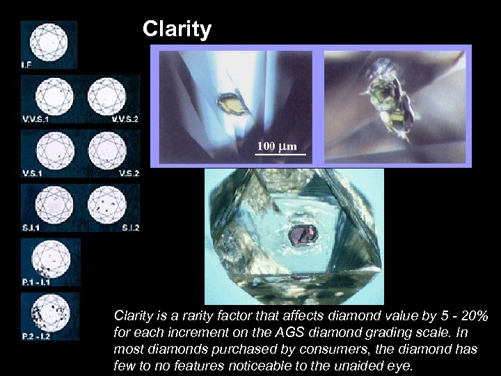 Clarity is a rarity factor that affects diamond value by 5 - 20% for