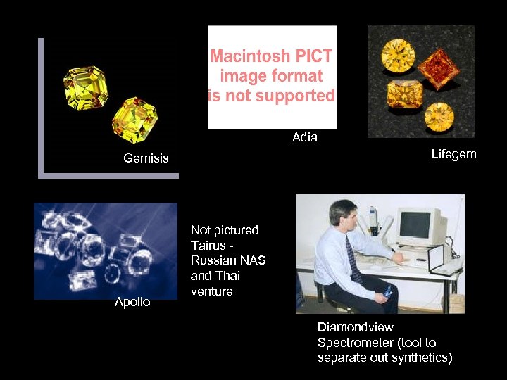 Adia Lifegem Gemisis Apollo Not pictured Tairus Russian NAS and Thai venture Diamondview Spectrometer