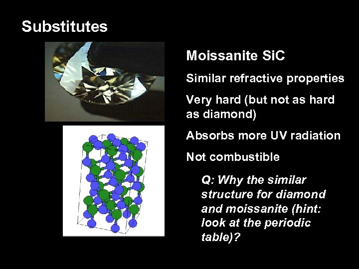 Substitutes Moissanite Si. C Similar refractive properties Very hard (but not as hard as