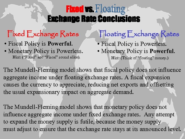 Fixed vs. Exchange Rate Conclusions Fixed Exchange Rates • Fiscal Policy is Powerful. •