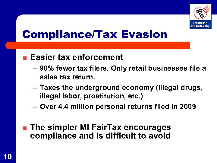 Compliance/Tax Evasion Easier tax enforcement – 90% fewer tax filers. Only retail businesses file