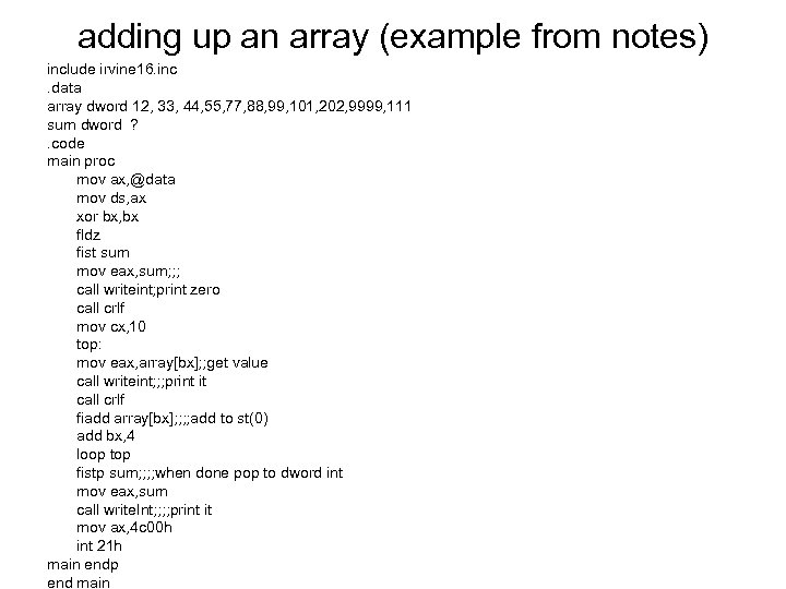 adding up an array (example from notes) include irvine 16. inc. data array dword