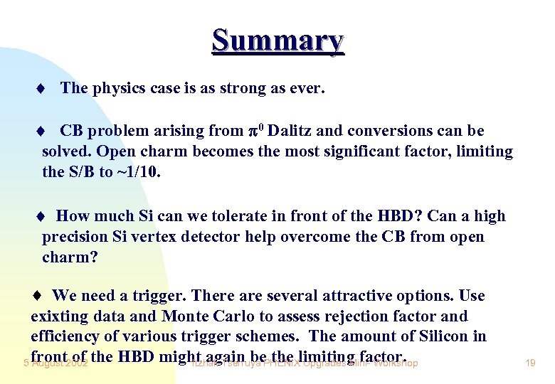 Summary The physics case is as strong as ever. CB problem arising from 0