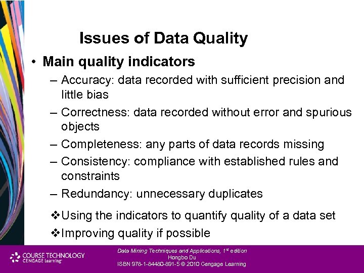 Issues of Data Quality • Main quality indicators – Accuracy: data recorded with sufficient