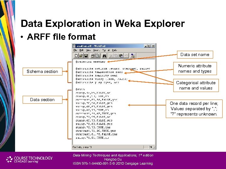 Data Exploration in Weka Explorer • ARFF file format Data set name Numeric attribute