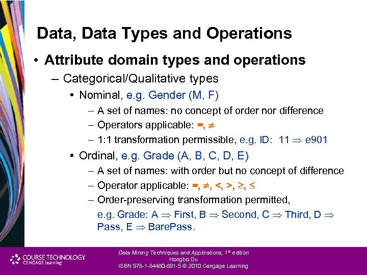 Data, Data Types and Operations • Attribute domain types and operations – Categorical/Qualitative types