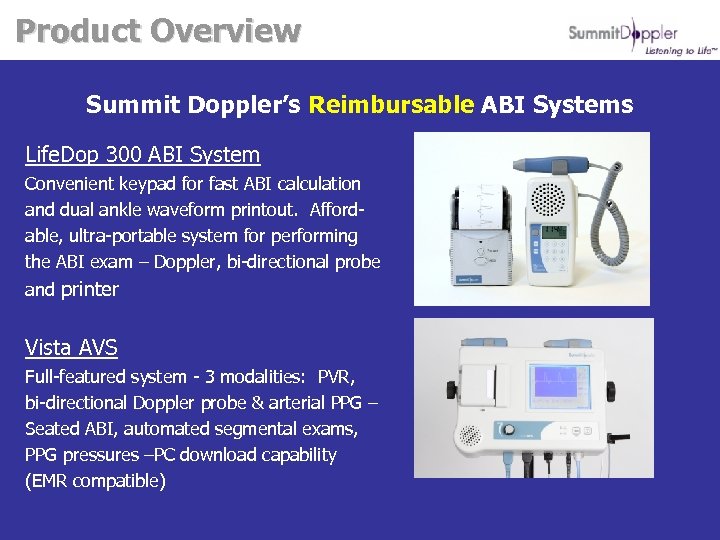 Product Overview Summit Doppler’s Reimbursable ABI Systems Life. Dop 300 ABI System Convenient keypad