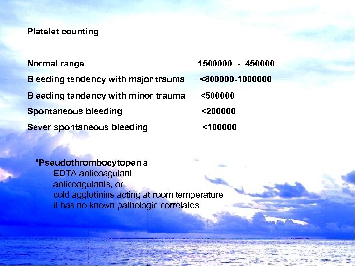 Platelet counting Normal range 1500000 - 450000 Bleeding tendency with major trauma <800000 -1000000