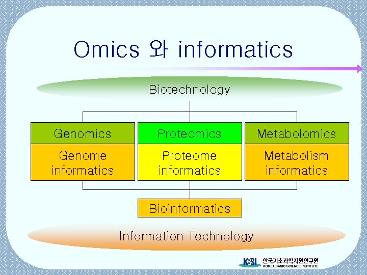 Omics 와 informatics Biotechnology Genomics Proteomics Metabolomics Genome informatics Proteome informatics Metabolism informatics Bioinformatics