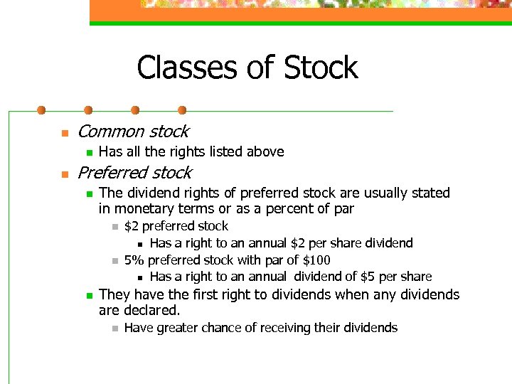 Classes of Stock n Common stock n n Has all the rights listed above