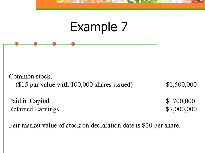 Example 7 Common stock, ($15 par value with 100, 000 shares issued) $1, 500,