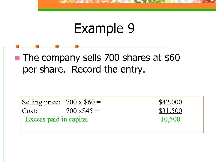 Example 9 n The company sells 700 shares at $60 per share. Record the