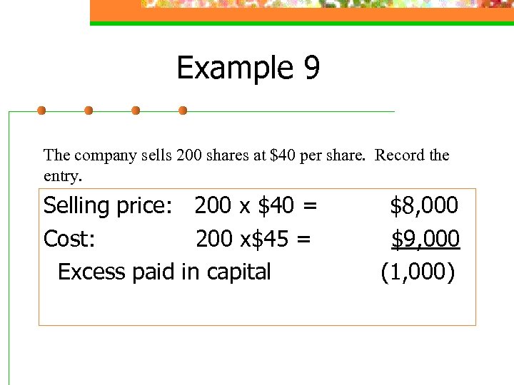 Example 9 The company sells 200 shares at $40 per share. Record the entry.