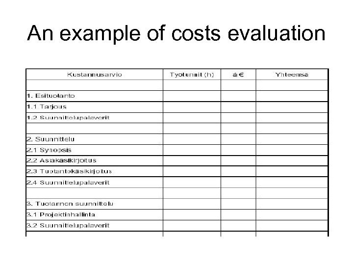 An example of costs evaluation 