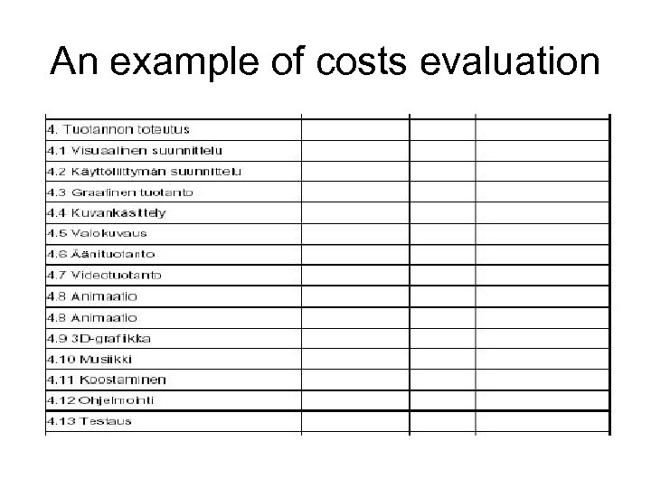 An example of costs evaluation 